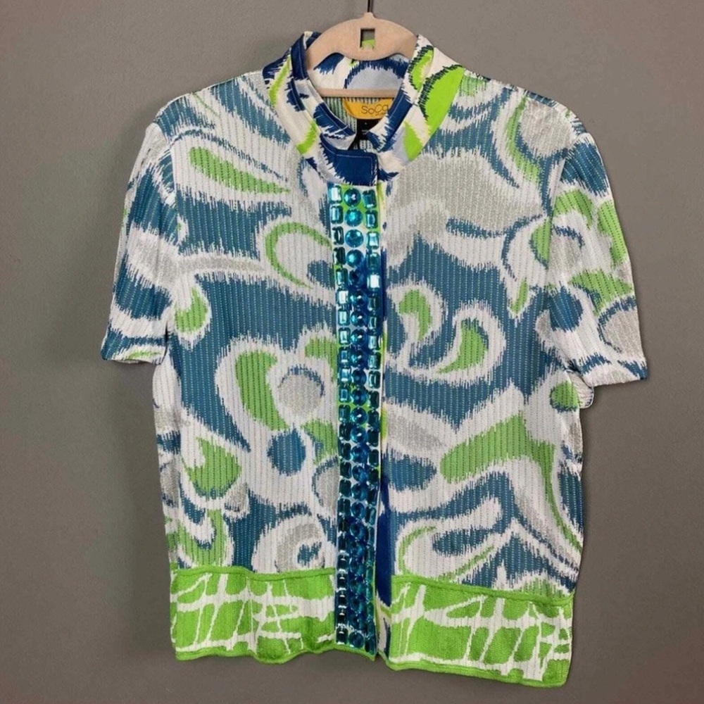 St John Soca cardigan sweater Small white blue metallic rhinestone New Designer